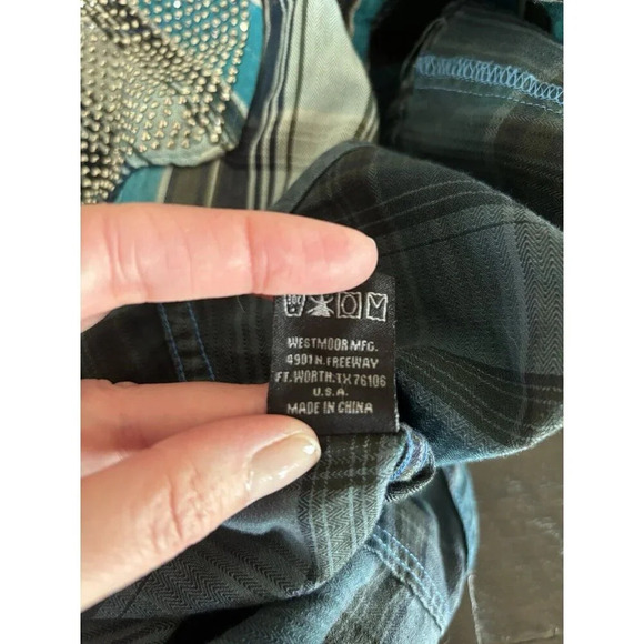 Rock & Roll Cowgirl Women's Size L Button Down Blue Black Pearl Snaps Western - Picture 12 of 13